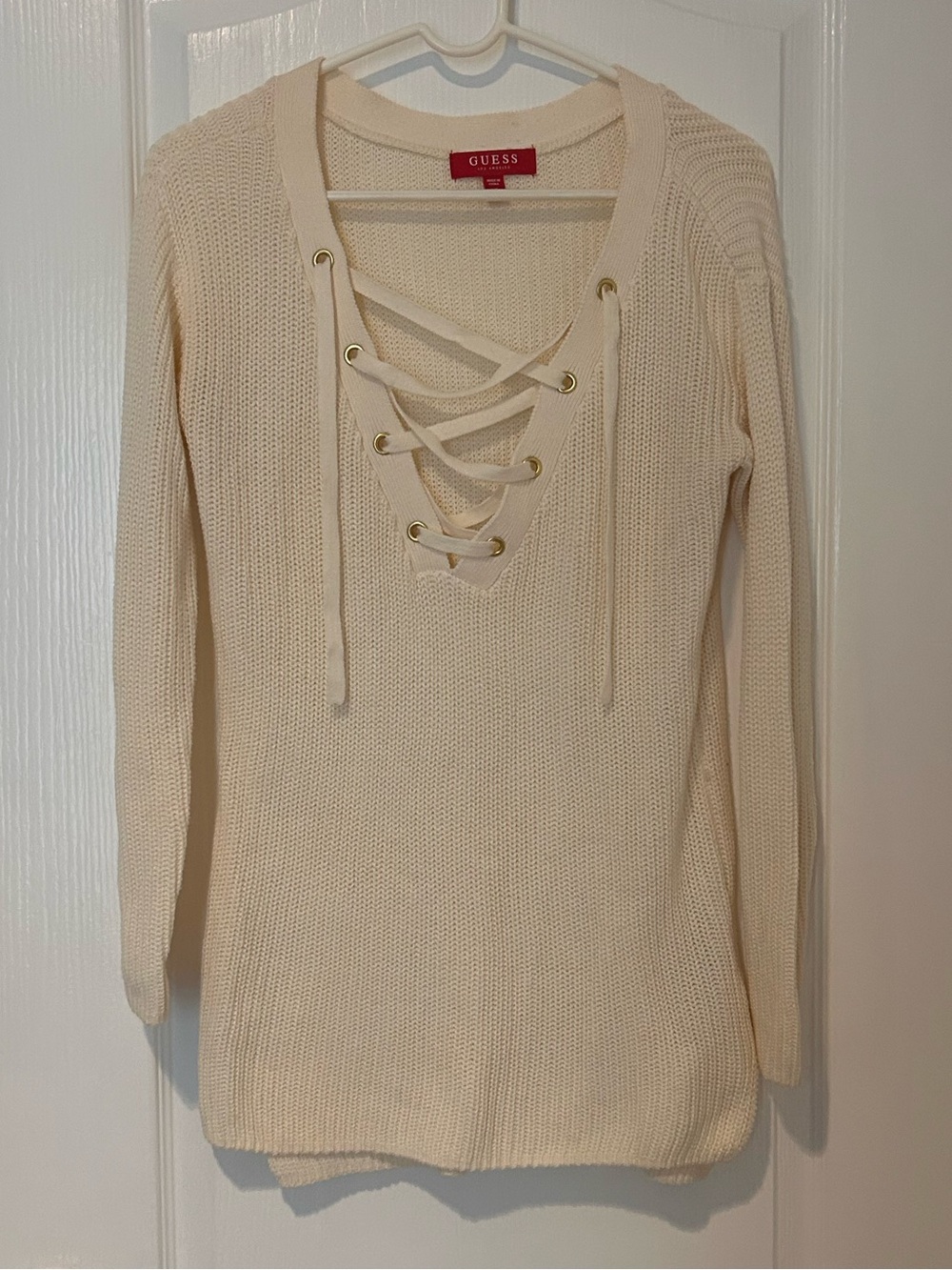 GUESS Cream Lace-Up V-Neck Sweater